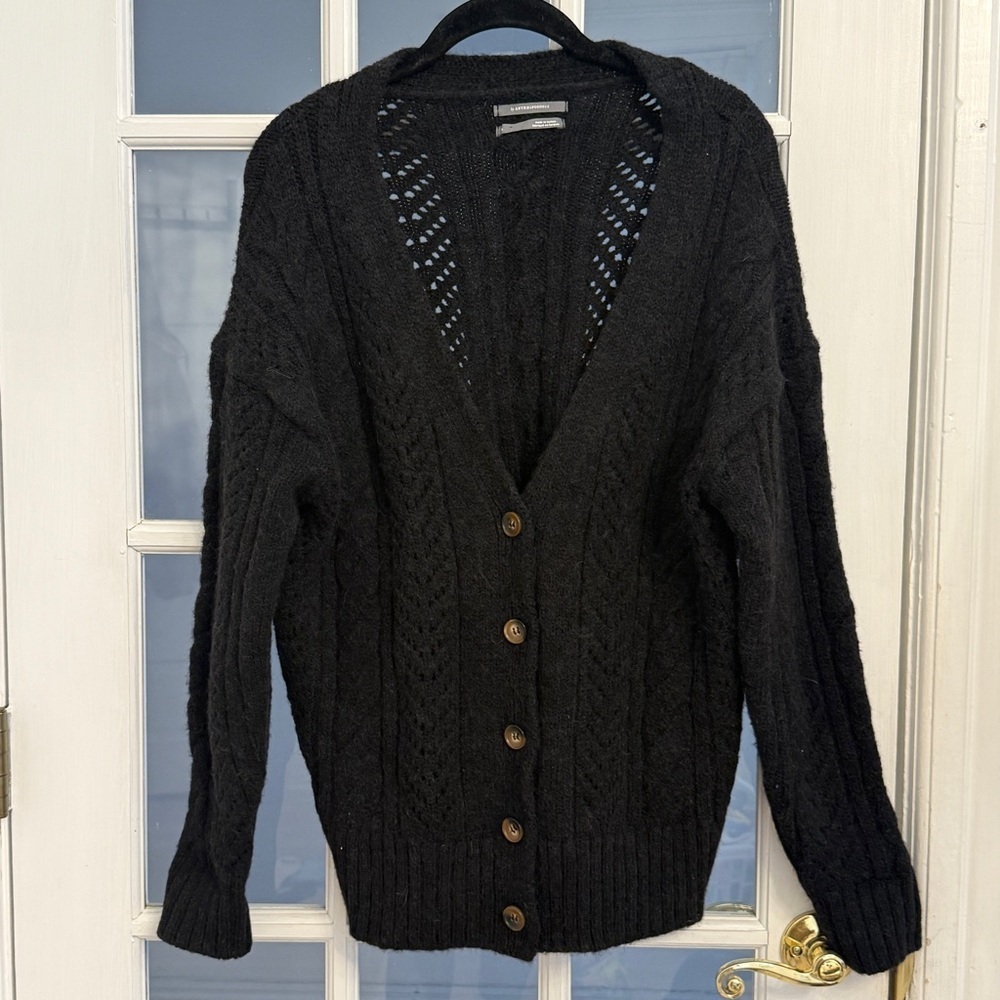 ANTHROPOLOGIE Women's Black Cable Knit V-Neck Button Down Cardigan Sweater XS